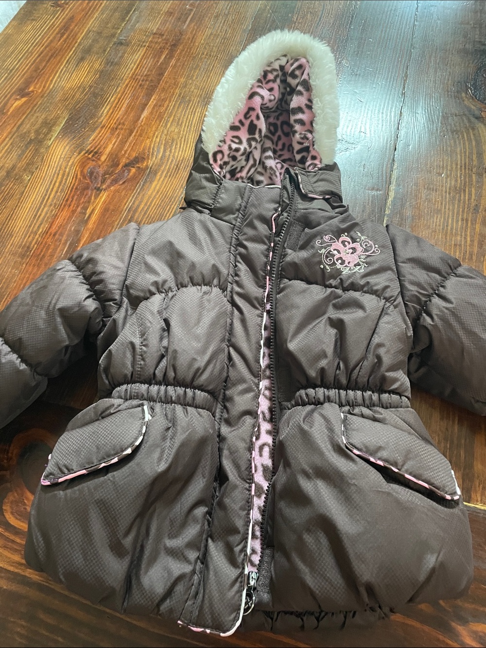 ZeroXposur Girls Brown Puffer Coat with Pink Leopard Hood Lining